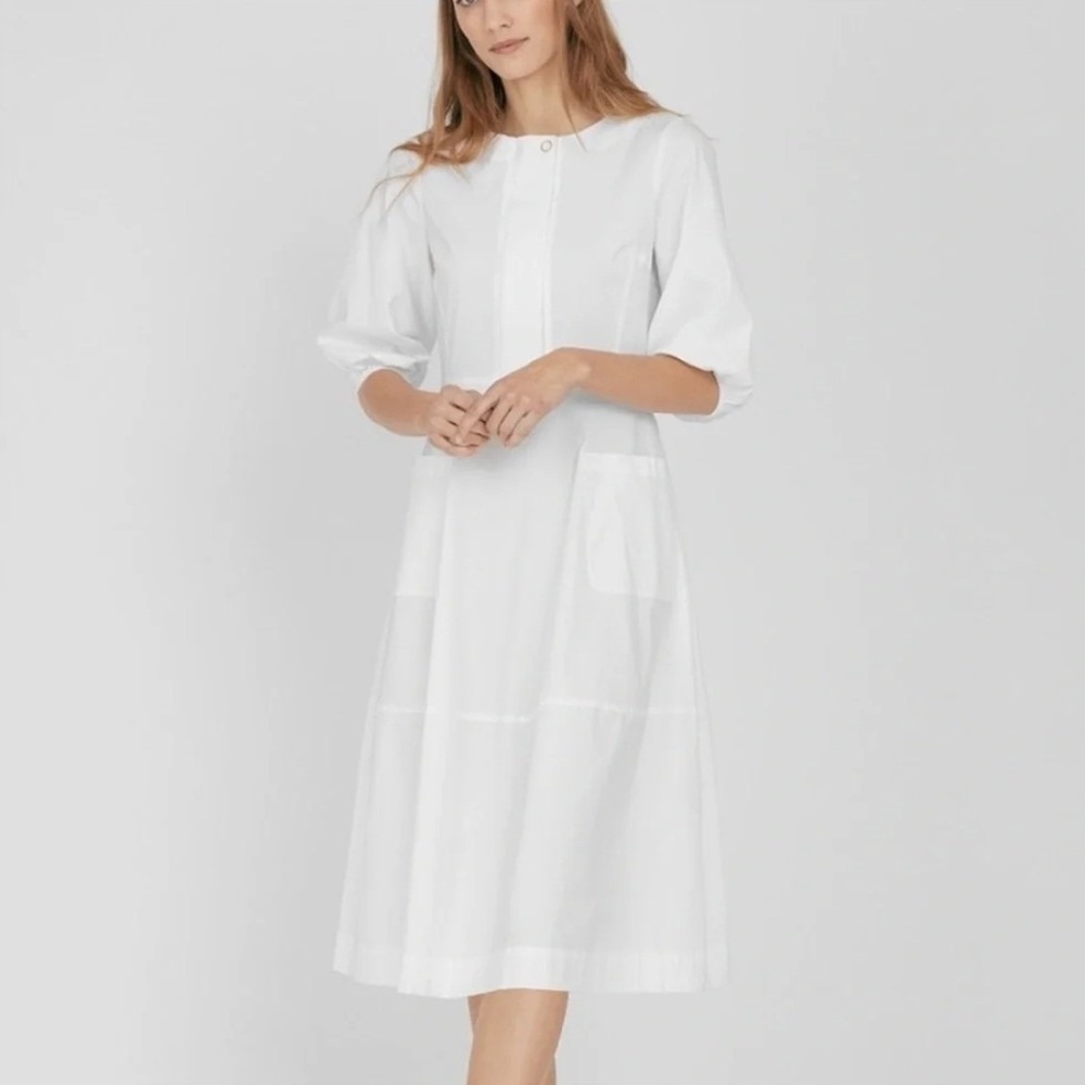 Cuyana Poplin Cinched Waist Cotton Puff Sleeve Midi Dress White Size XS